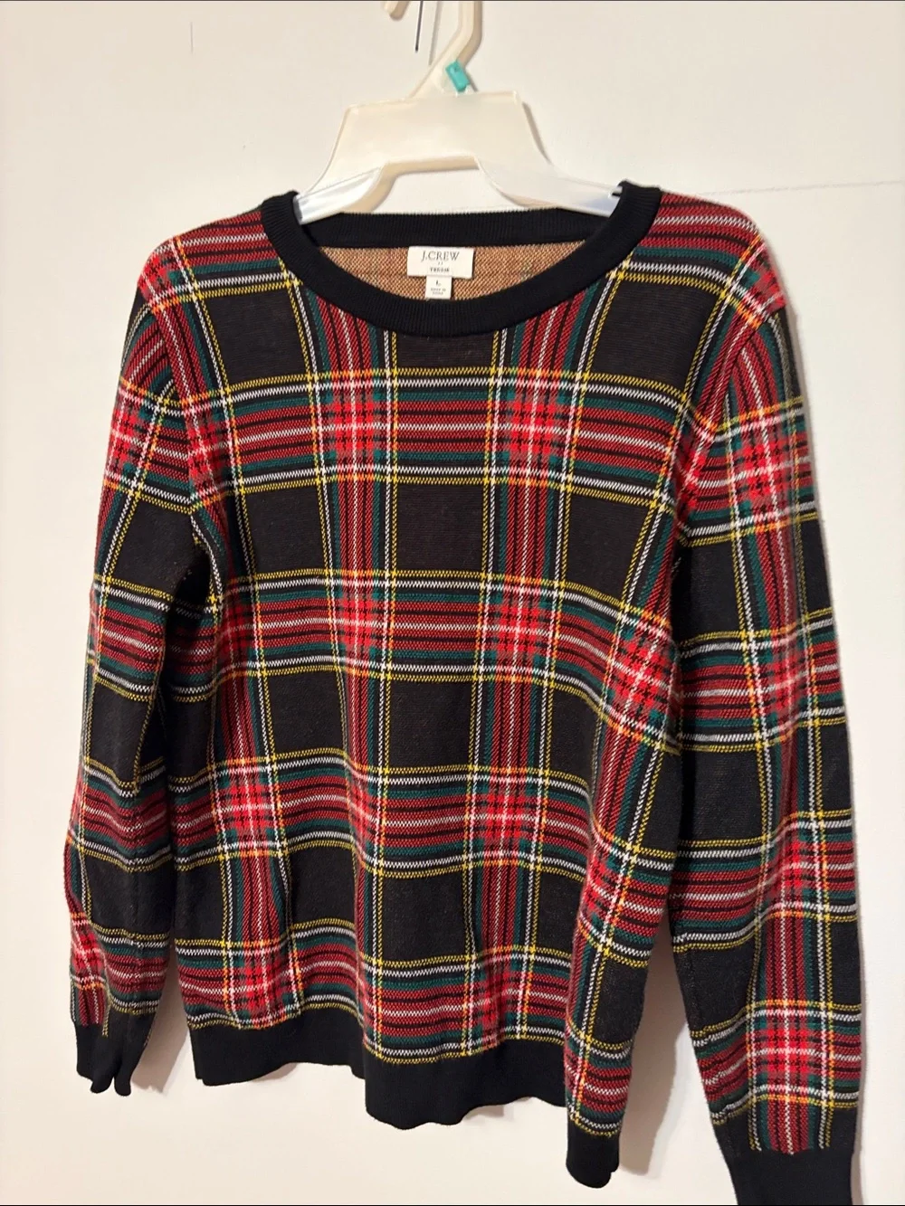 J. Crew: Teddie: Red and Black/yellow/green Plaid Crewneck Sweater. 💯 cotton. L